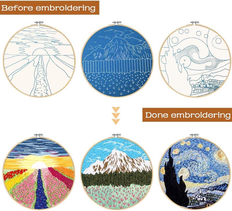 Santune 3 Sets Embroidery Starter Kit with Instructions,Cross Stitch Set,Stamped Needlepoint Kits with Water-Soluble Pattern,1 Hoop,Hand Crafts,Sewing Hobby - Image 4